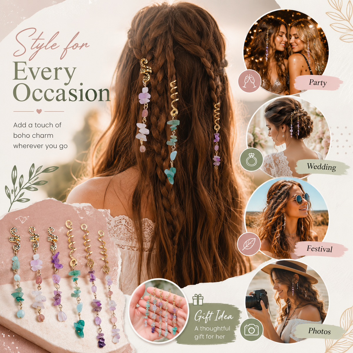 🔥 Hot Sale | Colored Natural Stone Pendant Hair Jewelry for Braids