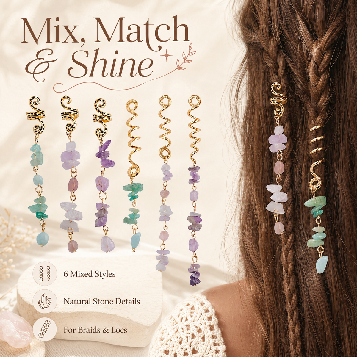 🔥 Hot Sale | Colored Natural Stone Pendant Hair Jewelry for Braids