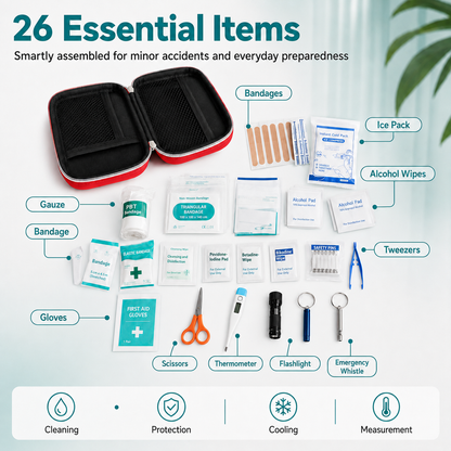 First Aid Kit: Portable Home Emergency Kit—Complete with Accessories | 26-Piece Set