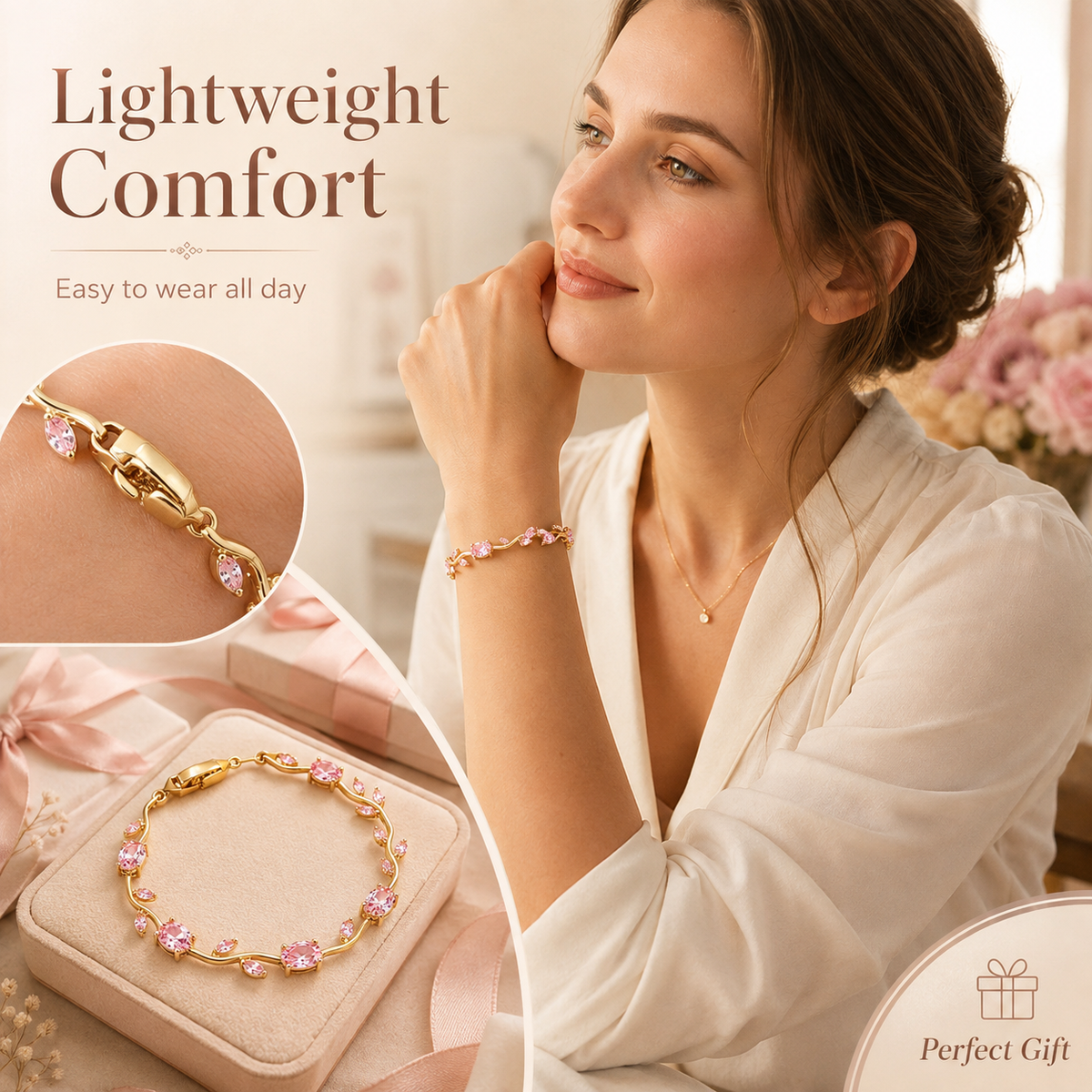 🌷 Bestseller Pink Tulip Bracelet for Women – Gold-Plated Stainless Steel ✨