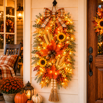🏡🎃Rustic Wooden Pumpkin Door Hanging with Warm LED Lights