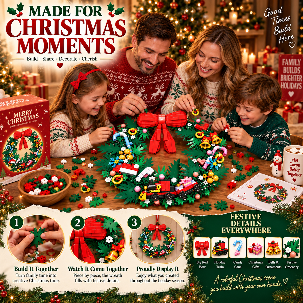 Build-Your-Own Christmas Wreath - 653 PCS Festive Building Block Décor
