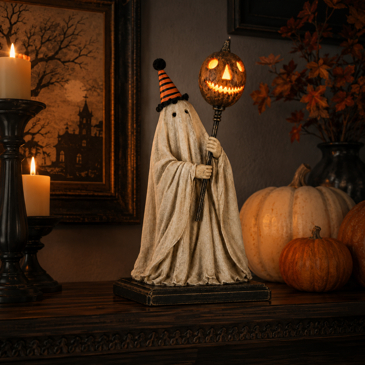 Summerween Sale 50% OFF 💕- Lighted Vintage Ghost Figurine with Glowing Pumpkin Staff