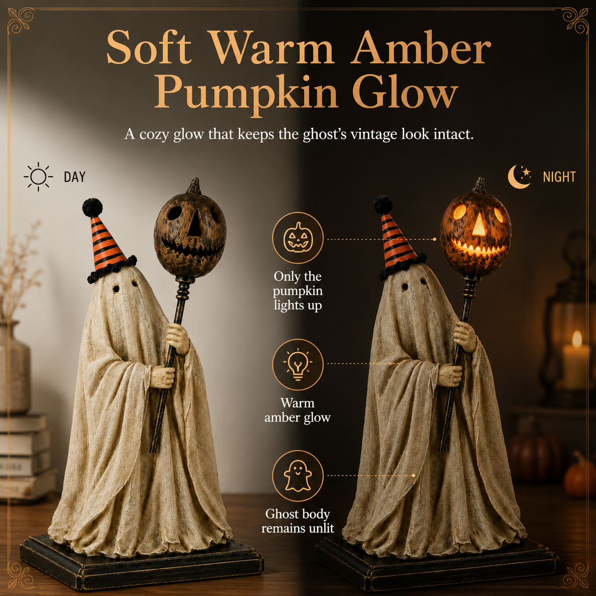 Summerween Sale 50% OFF 💕- Lighted Vintage Ghost Figurine with Glowing Pumpkin Staff