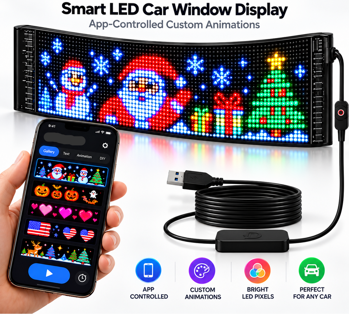 🎄 Animated Christmas LED Rear Window Panel – App Controlled Car Display
