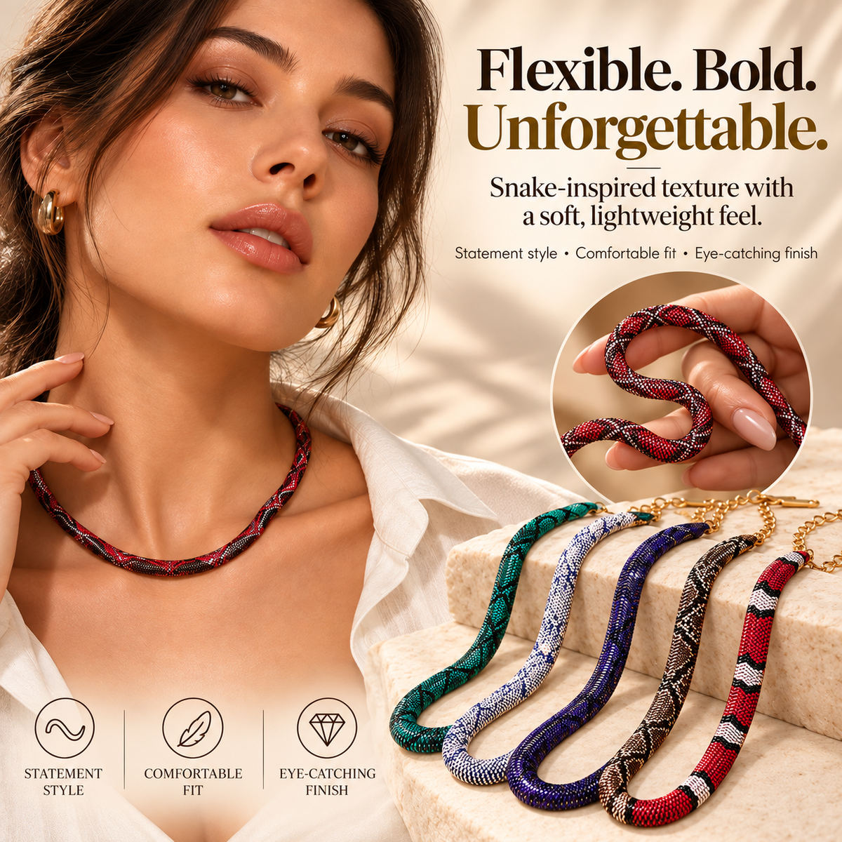 🐍 Realistic Snake-Inspired Necklace – Flexible Woven Statement Choker with Adjustable Fit