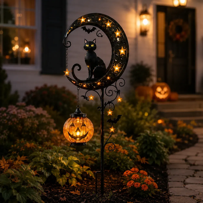 Halloween Garden Stake Light with Black Cat & Pumpkin
