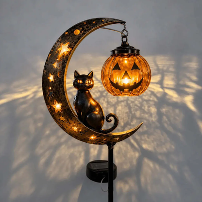 Halloween Garden Stake Light with Black Cat & Pumpkin