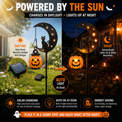 Halloween Garden Stake Light with Black Cat & Pumpkin