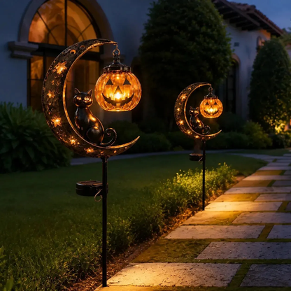 Halloween Garden Stake Light with Black Cat & Pumpkin