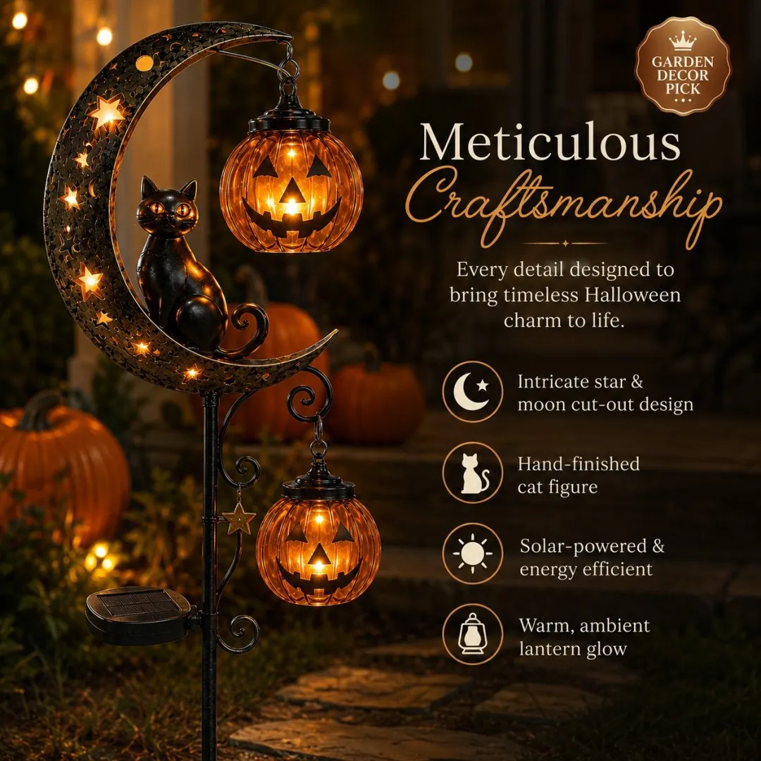 Halloween Garden Stake Light with Black Cat & Pumpkin