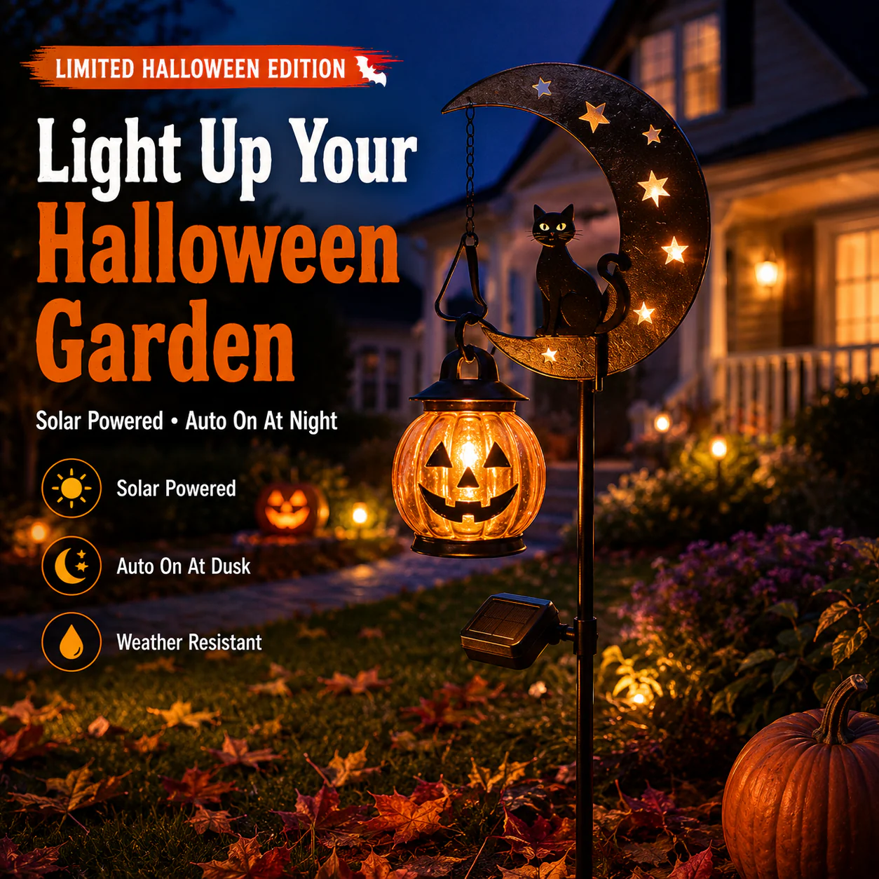 Halloween Garden Stake Light with Black Cat & Pumpkin