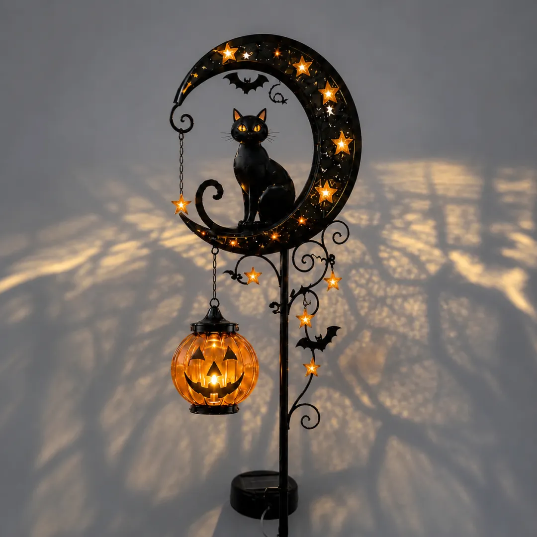 Halloween Garden Stake Light with Black Cat & Pumpkin