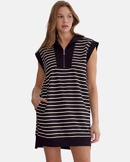 Women's Striped Casual Zipper Cap Sleeve Mini Dress