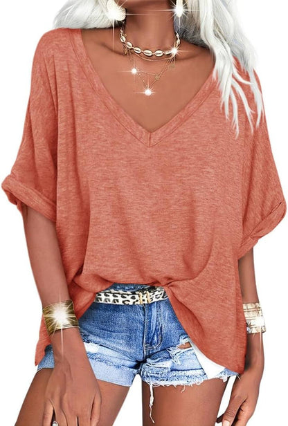 Women's V Neck Oversized T-Shirt Loose Fit Casual Short Sleeve Summer Tops Loose Basic Tee