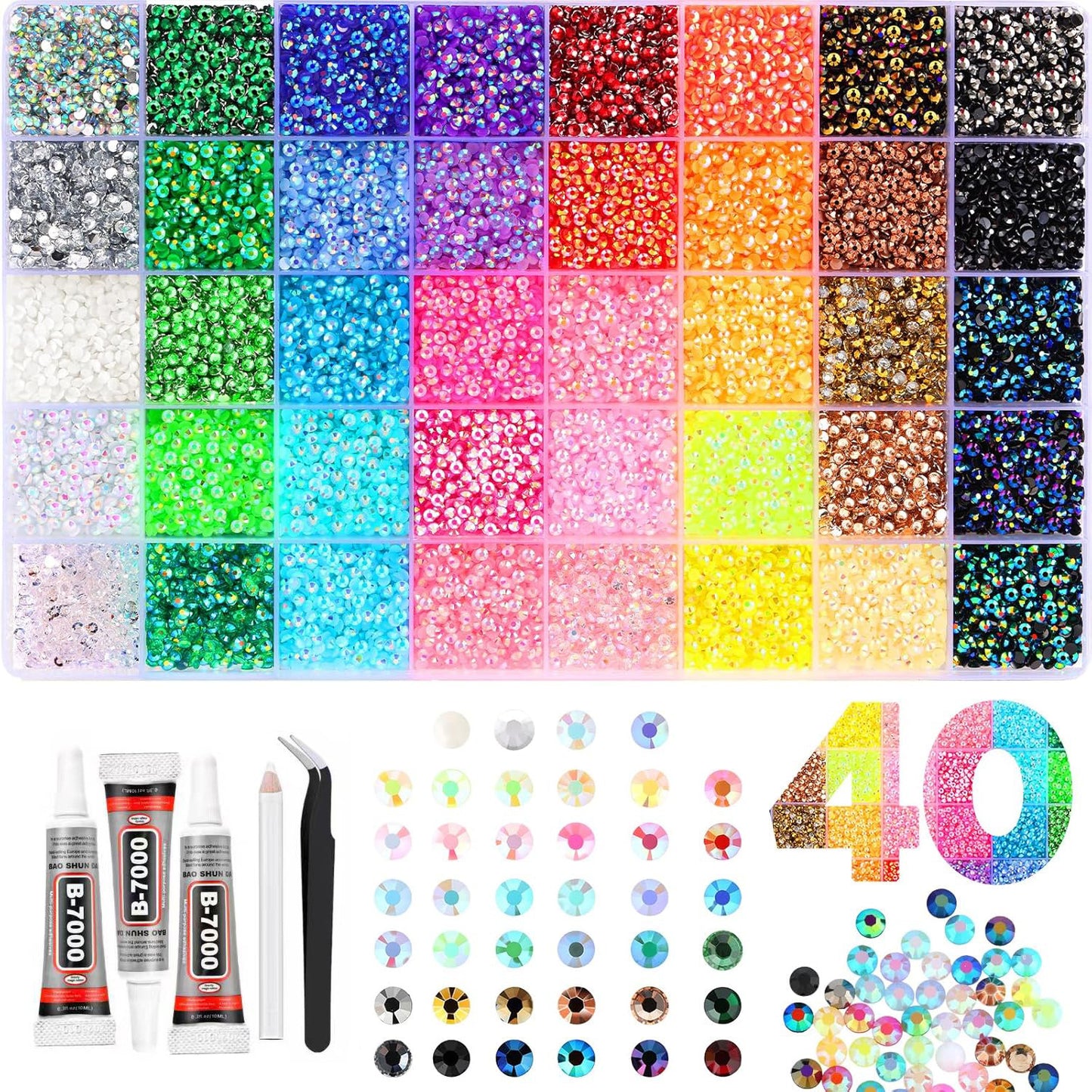 40,000 rhinestones in 40 colors, 3mm jelly-like flat bottom, sparkling set