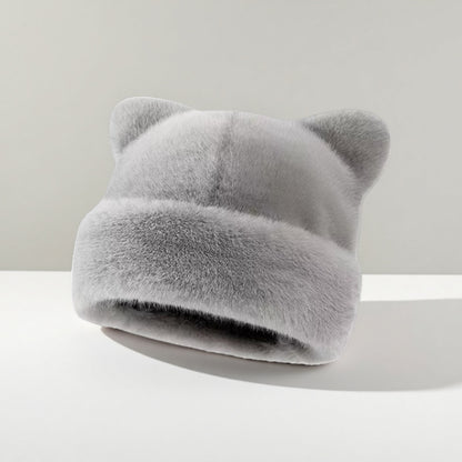 Women Fluffy Faux Mink Fur Beanie Hat with Cute Bear Ears Warm Winter Cold Weather Pullover Cap