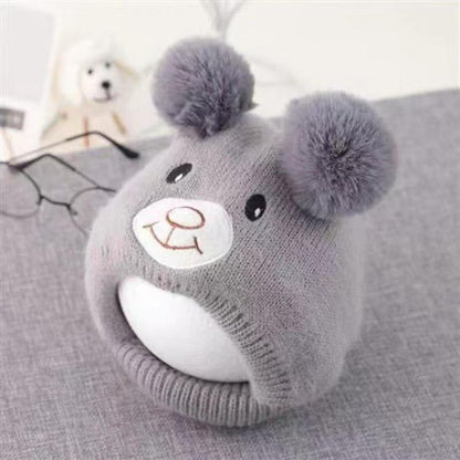 🐶 Plush Dog Winter Hat – Warm Ribbed Knit Hood with Double Pom-Poms