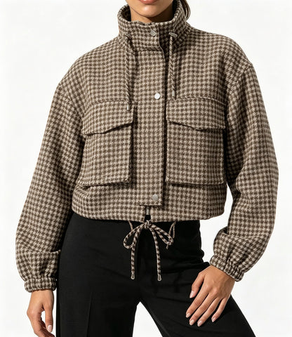 Vintage Houndstooth Stand Collar Zip Jacket