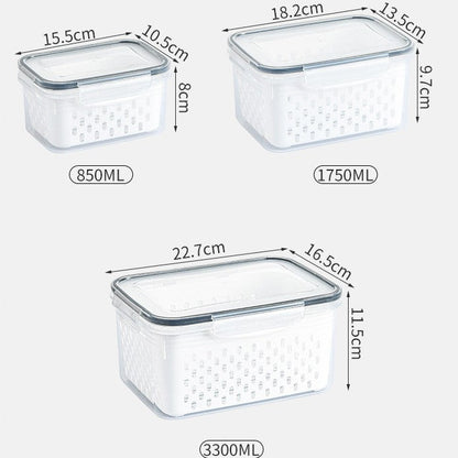 🔥Caja de almacenamiento de alimentos de plástico transparente para el hogar-Incluye cesta de drenaje💧
