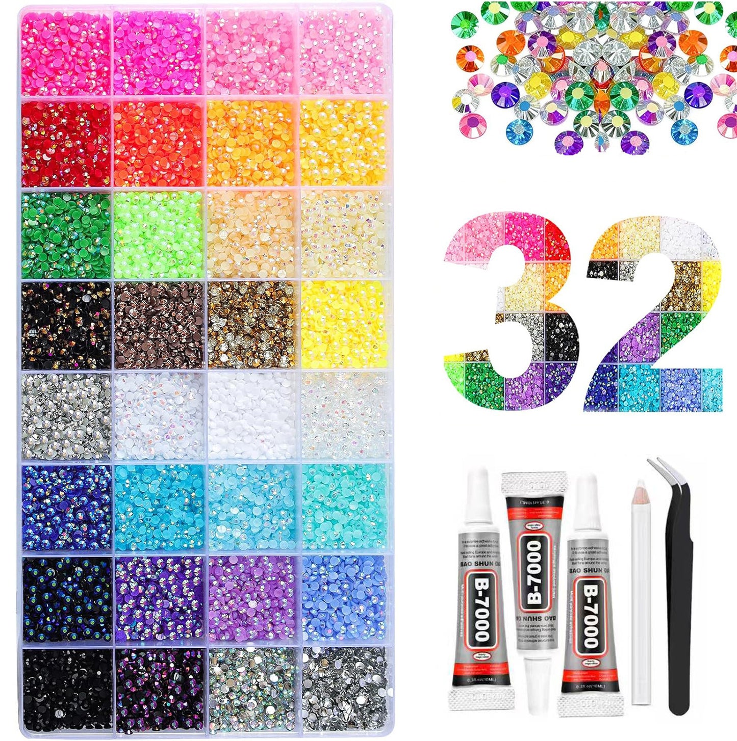 40,000 rhinestones in 40 colors, 3mm jelly-like flat bottom, sparkling set