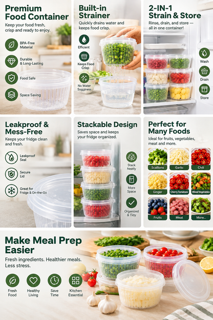 🥬5-Pack Multifunctional Food Storage Containers – With Drain Colander and Airtight Lid