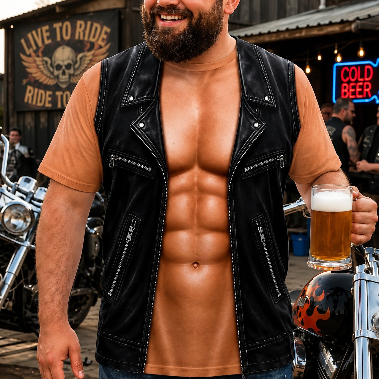 😎 Illusion Six-Pack Abs Biker Vest T-Shirt | Funny Gag & Streetwear Tee