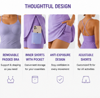 Vestido de tenis atlético de tirantes finos para mujer con pantalón corto incorporado