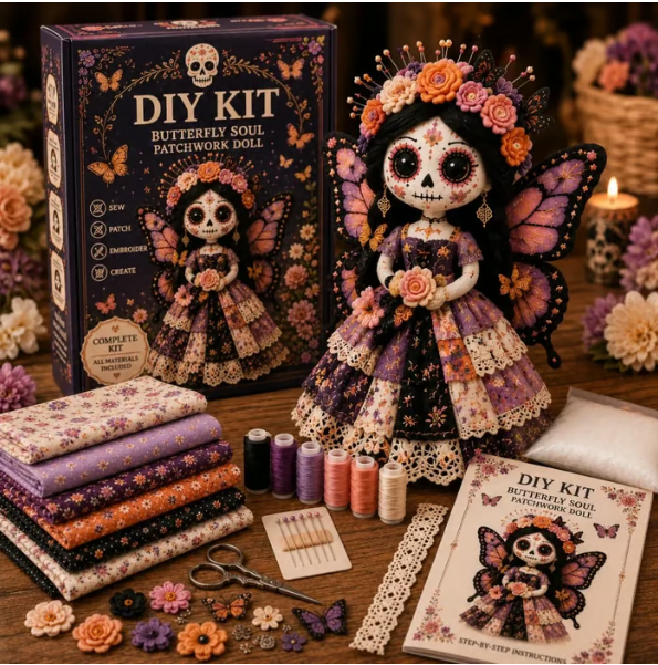 🌼 Day of the Dead-Inspired Skeleton Bride DIY Kit – Handmade Patchwork Doll