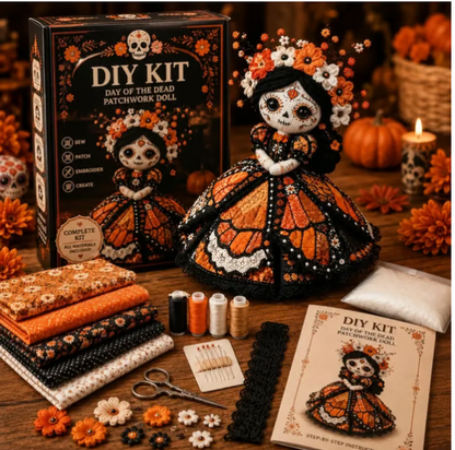🌼 Day of the Dead-Inspired Skeleton Bride DIY Kit – Handmade Patchwork Doll