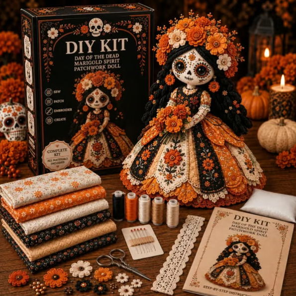 🌼 Day of the Dead-Inspired Skeleton Bride DIY Kit – Handmade Patchwork Doll