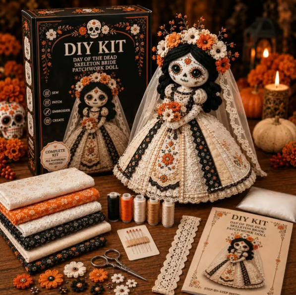 🌼 Day of the Dead-Inspired Skeleton Bride DIY Kit – Handmade Patchwork Doll