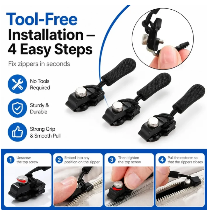 Zip Rescue Kit 🔧 15-Piece Universal Instant Zipper Fix in 3 Sizes