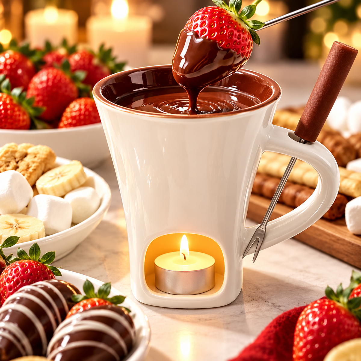 Ceramic Chocolate and Cheese Fondue Melter Mug with Fork