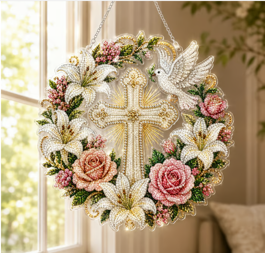 ✝️💐 Kit de adornos colgantes de diamante con cruz, flores y paloma – Una manualidad relajante llena de fe y paz ✨🙏