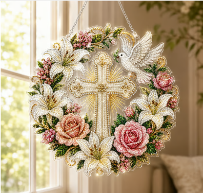✝️💐 Kit de adornos colgantes de diamante con cruz, flores y paloma – Una manualidad relajante llena de fe y paz ✨🙏
