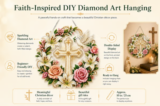 ✝️💐 Kit de adornos colgantes de diamante con cruz, flores y paloma – Una manualidad relajante llena de fe y paz ✨🙏