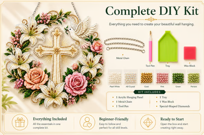✝️💐 Kit de adornos colgantes de diamante con cruz, flores y paloma – Una manualidad relajante llena de fe y paz ✨🙏