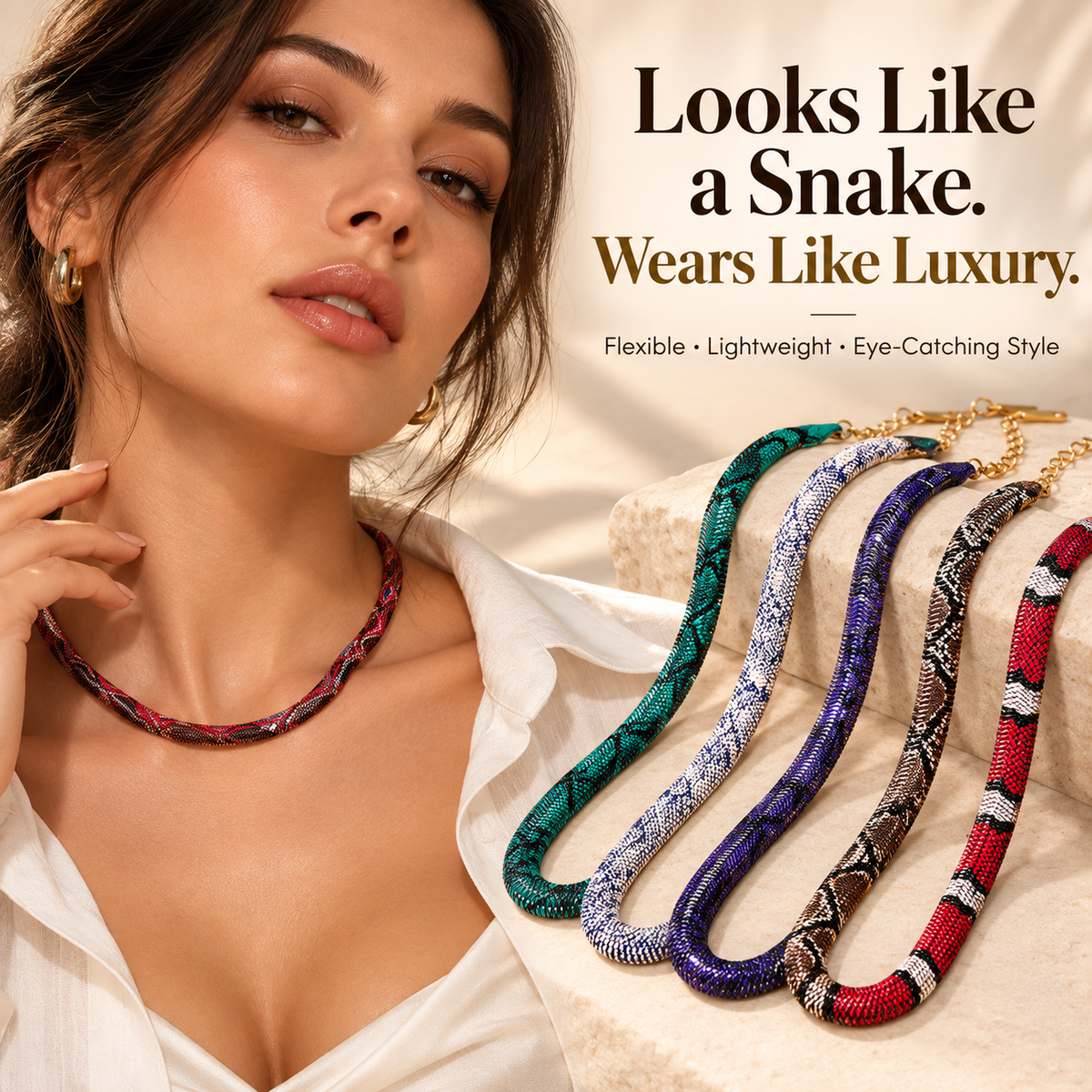 🐍 Realistic Snake-Inspired Necklace – Flexible Woven Statement Choker with Adjustable Fit