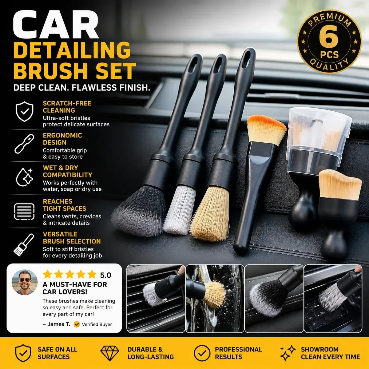 🚗🧹 Car Detailing Brush Set – Soft Interior Cleaning Brushes for Air Vents, Dashboard, Wheels & Tight Spaces