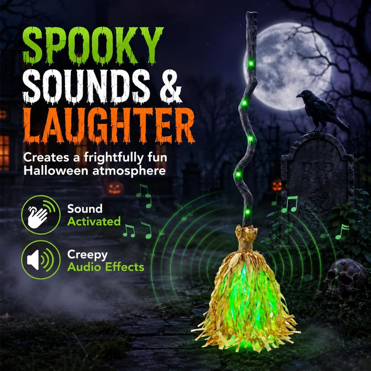 Animated Halloween Witch Broom with Lights, Sound and Motion Decor