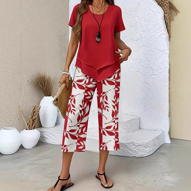 Casual Round Neck Layered Tunic Top and Wide Leg Pants Set