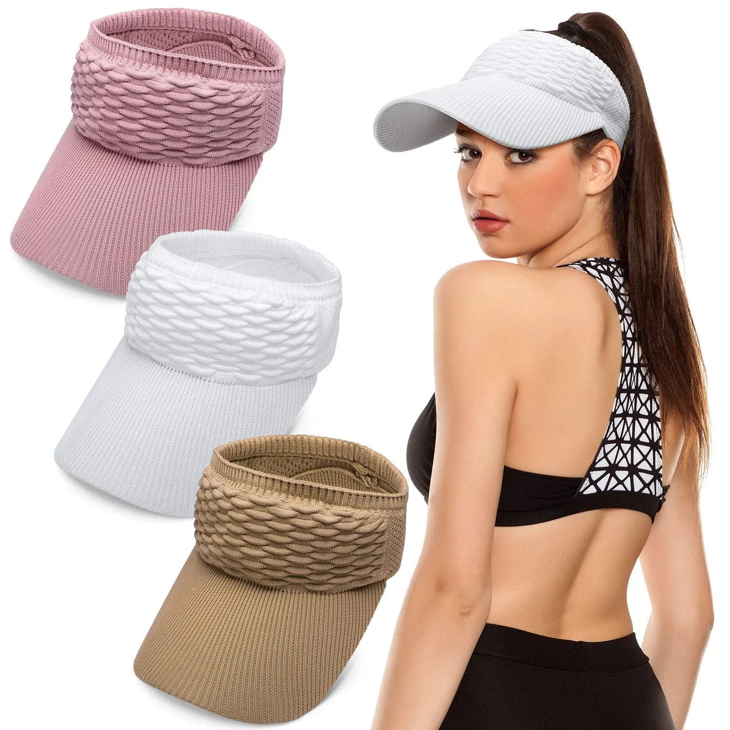 Visera solar de 2 unidades para mujer, abierta por arriba, transpirable, con protección UV y coleta alta