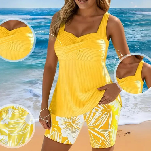 🔥🔥🔥Traje de Baño Tankini de Dos Piezas con Cubierta Corporal y Estampado, Tipo Bóxer