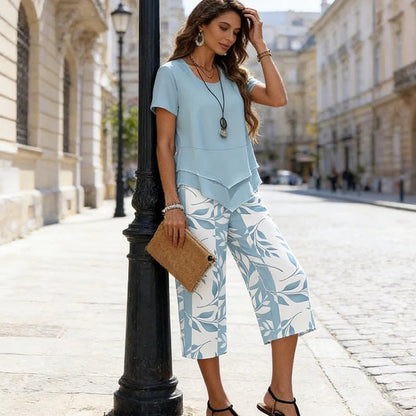 Casual Round Neck Layered Tunic Top and Wide Leg Pants Set