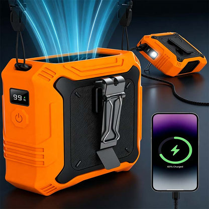 💨 5-in-1 Portable Waist Fan with 14500mAh PowerBank – High-Speed Outdoor Cooling Fan