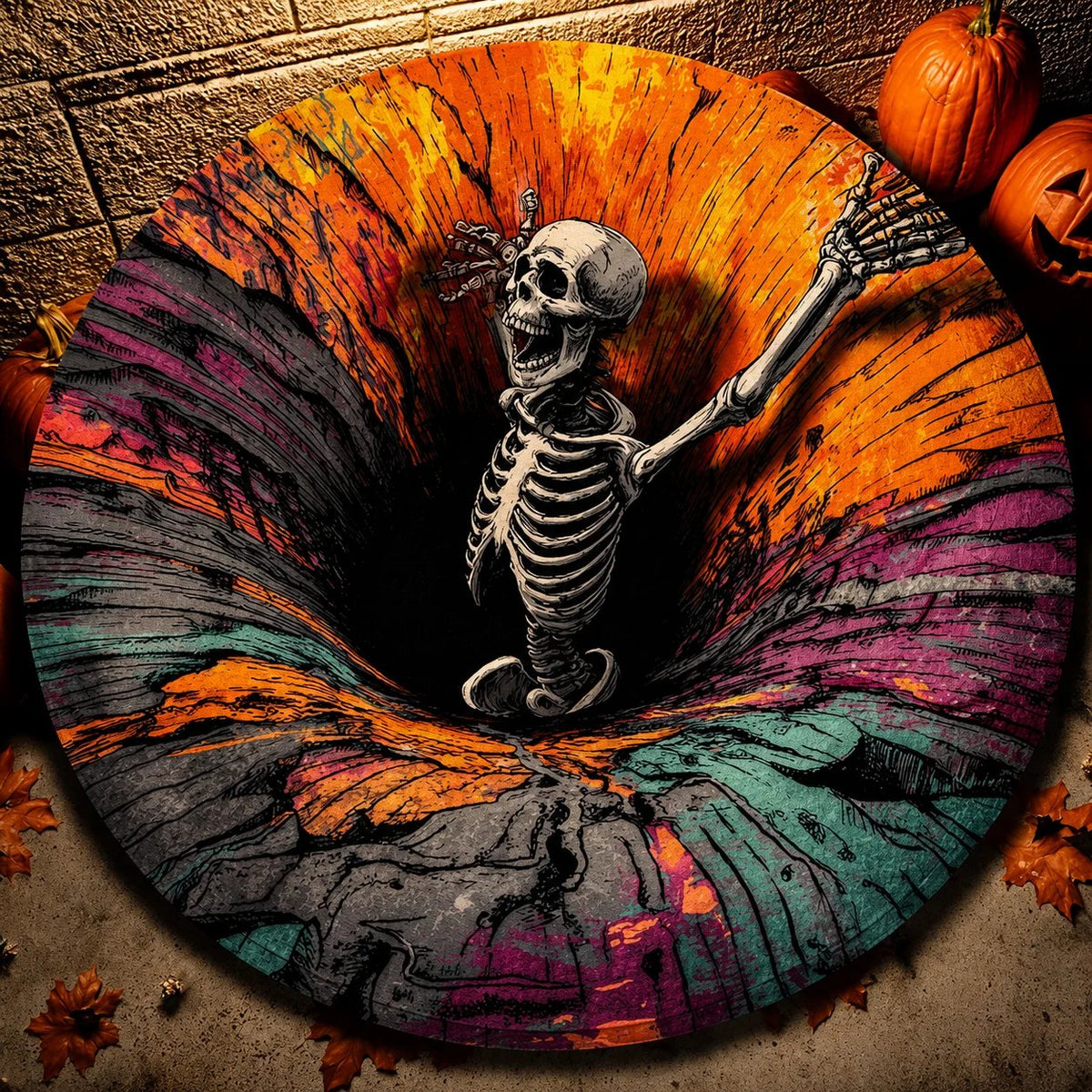 3D visual effects Skeleton Vortex Quilted Round Halloween Rug