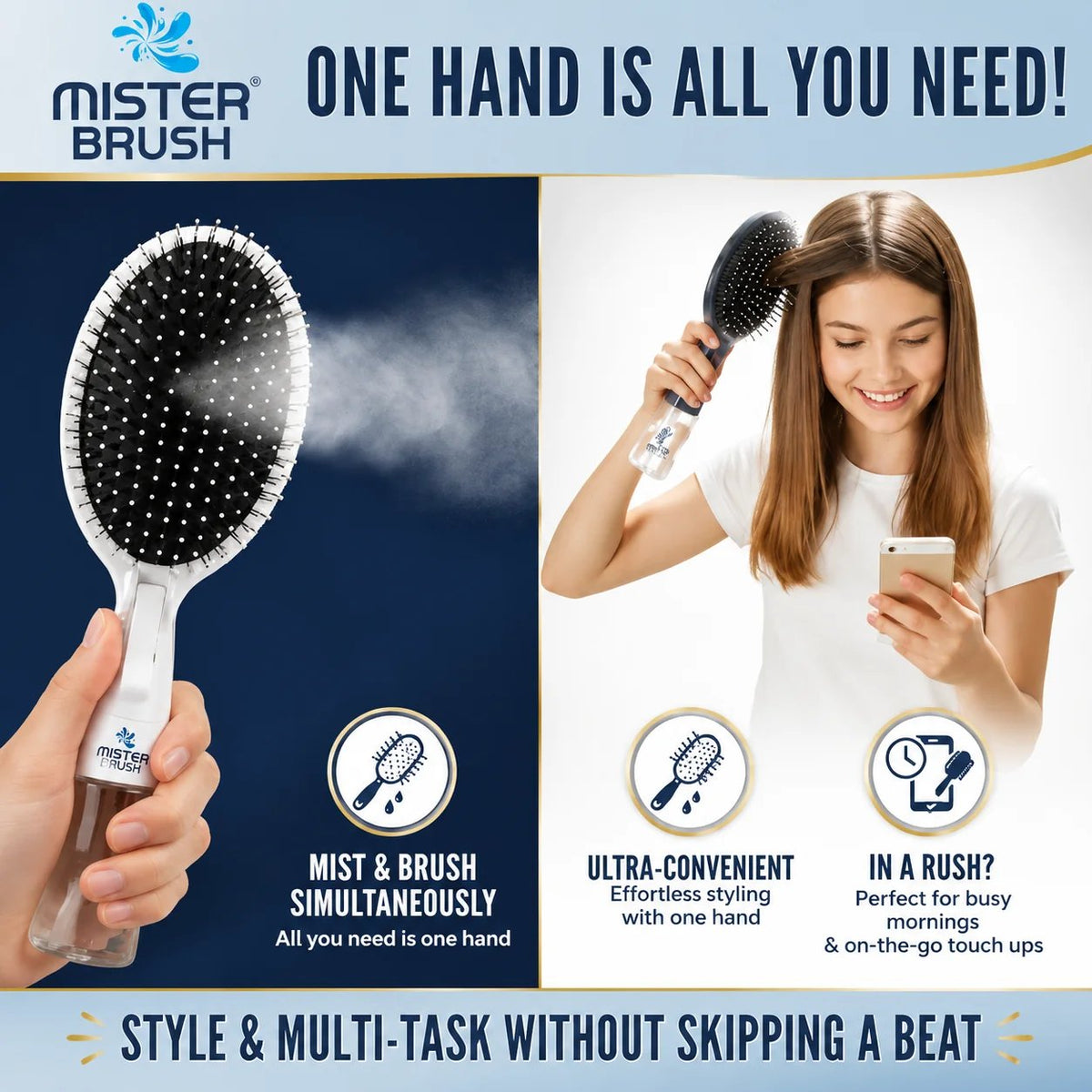 Mist & Brush Hair Tool with Built-In Water Reservoir for Wet & Dry Styling