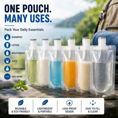12 Counts Reusable Plastic Pouches — Versatile Liquid Carriers for Travel, Picnics & Outings