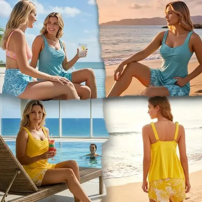 🔥🔥🔥Traje de Baño Tankini de Dos Piezas con Cubierta Corporal y Estampado, Tipo Bóxer
